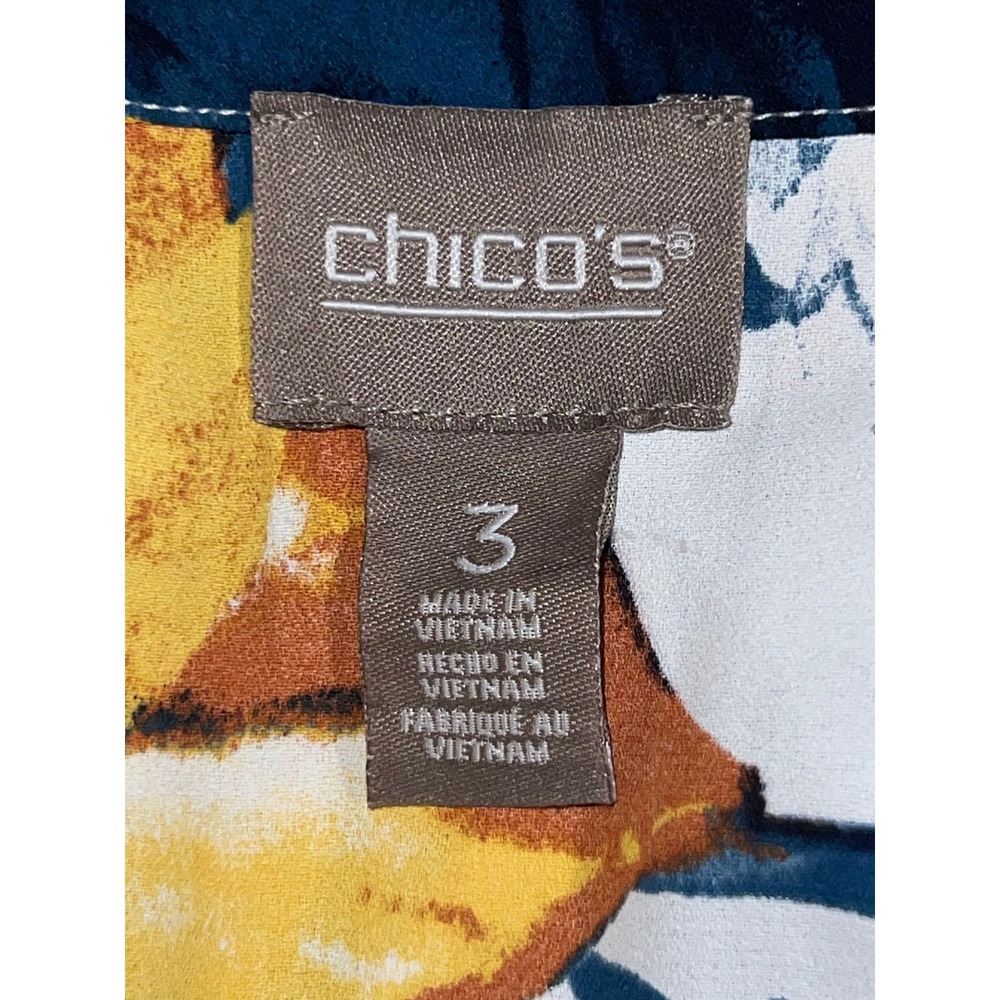 Chicos Womens Size 3 XLarge Floral Split Neck 3/4 Sleeve Blouse White Gold Navy - Picture 7 of 9